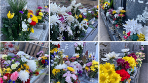 令和八年新年-花束に彩られた墓地の様子