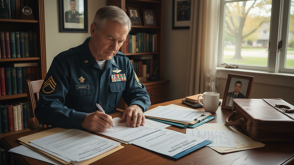 Eye-level view of a veteran filling out paperwork at a desk