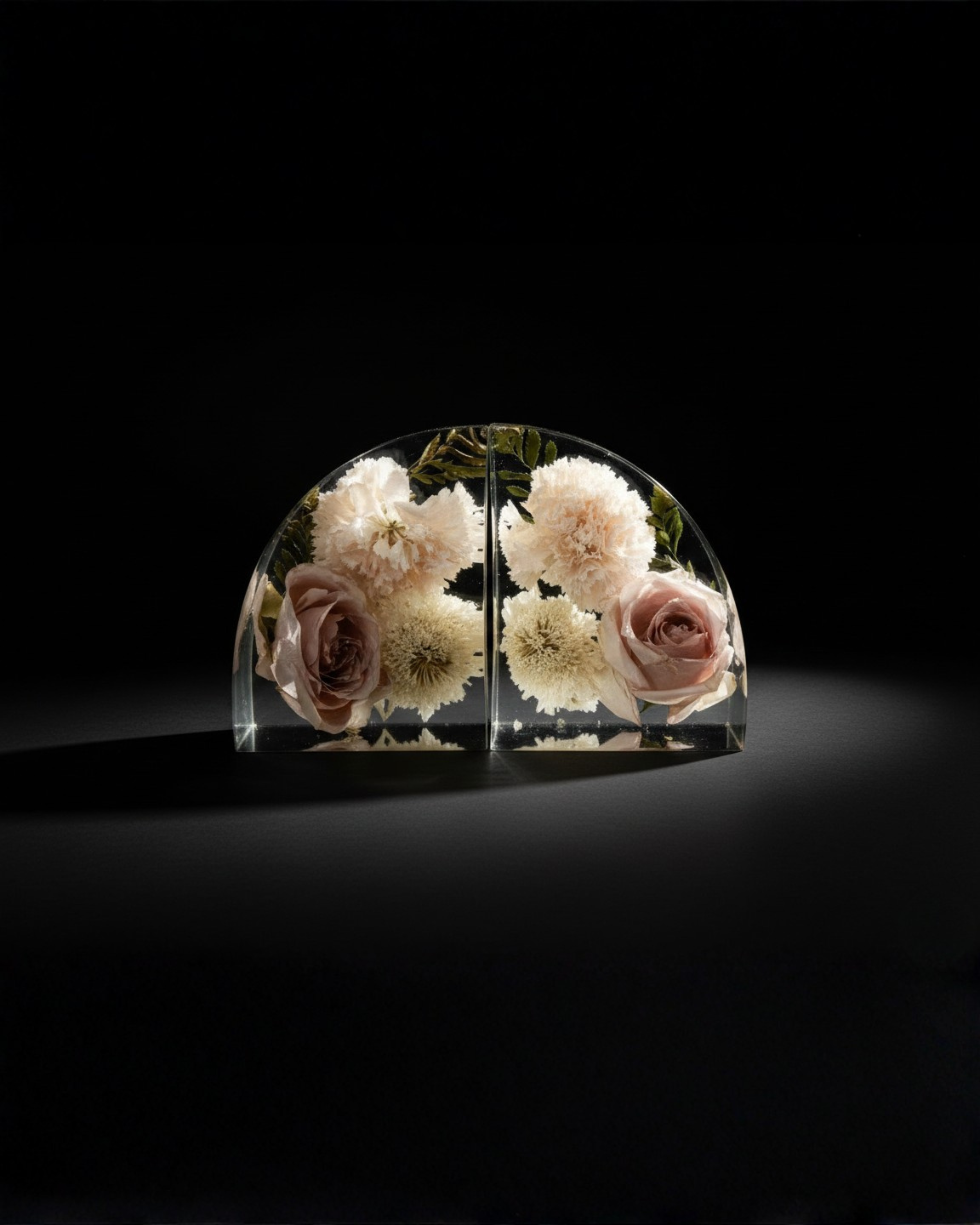 sujetalibros en forma de medio circulo, elaborado con resina epóxica y flores preservadas en su interior
