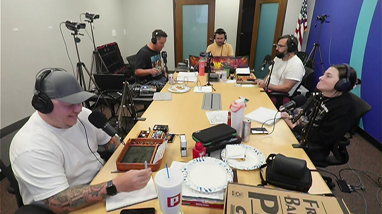 Cast of You've Got to Be Critting Me playing Dungeons & Dragons during a podcast recording session