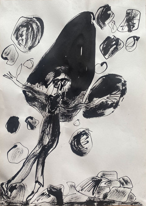 Tekening met inkt van iemand die als bevroren staat, terwijl die wordt bekogeld met stenen.
