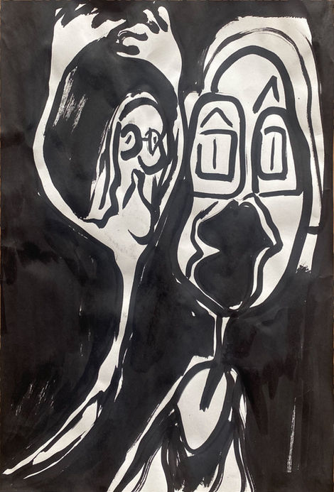 Inkttekening van een stalker die een vrouw achtervolgt.