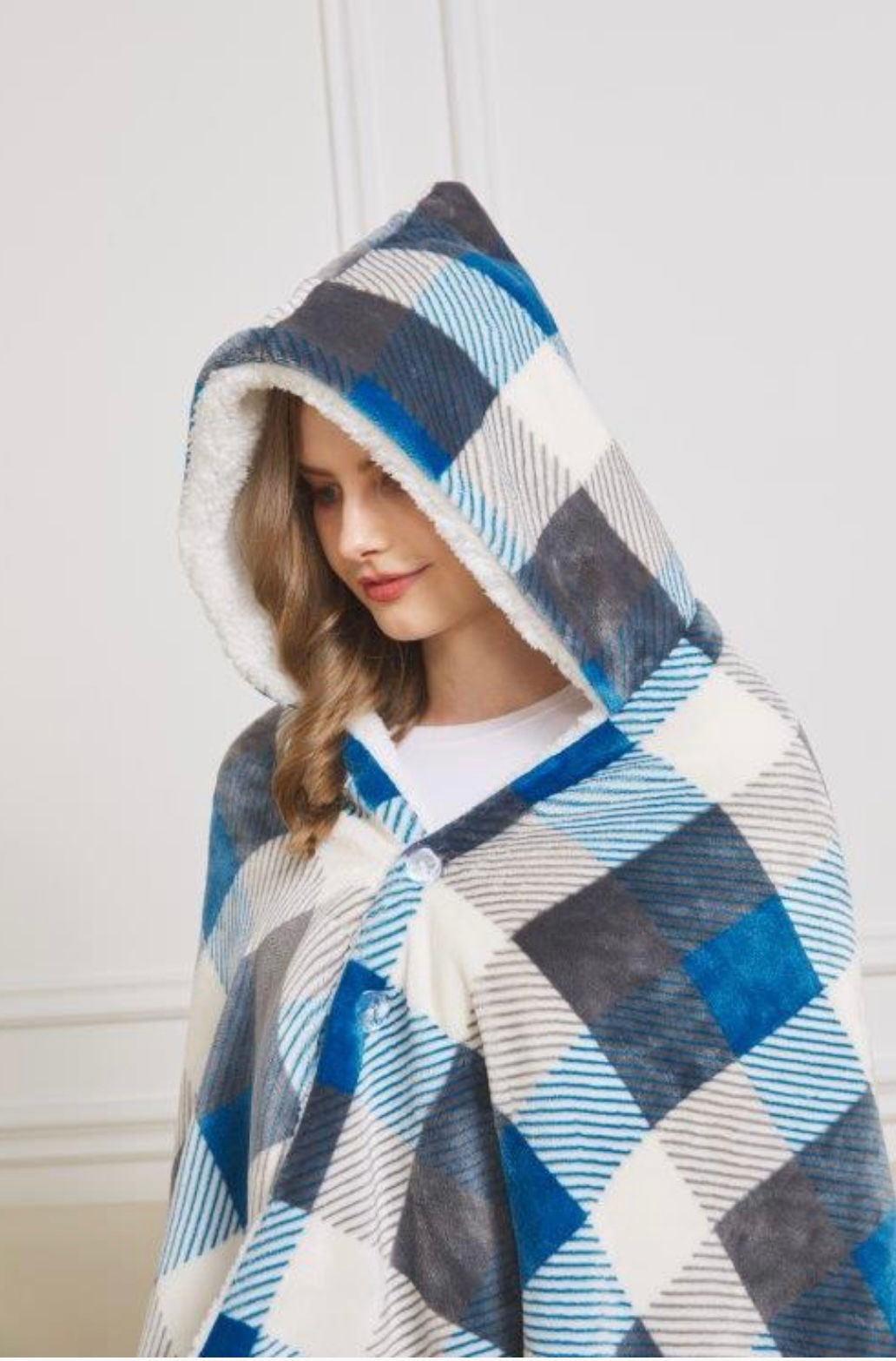 Blue grey plaid faux fur hooded throw