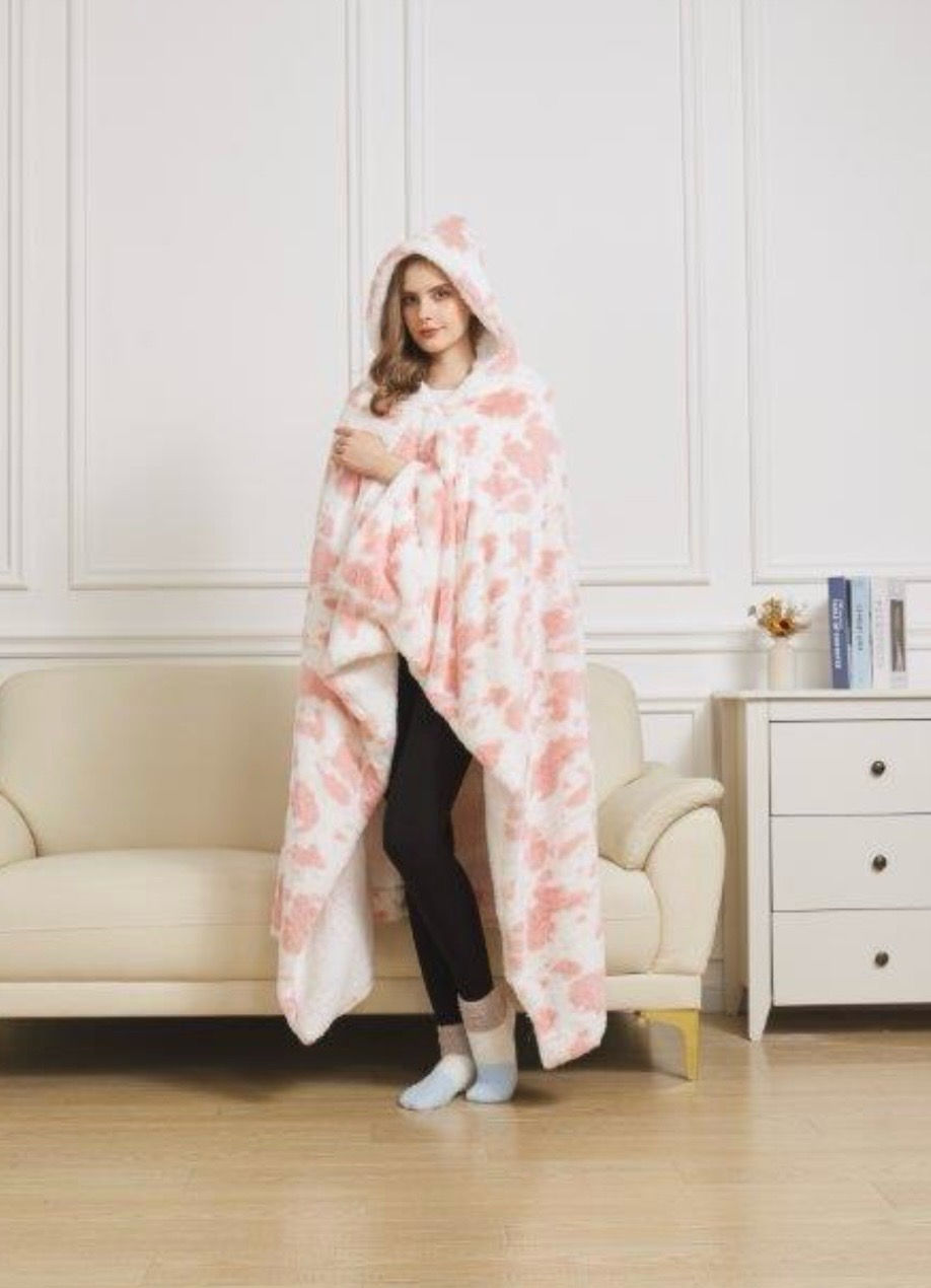 Thumbnail: Pink Cow Faux Fur Hooded Throw