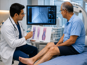 Interventional radiologist consulting a patient with varicose veins using vascular imaging and minimally invasive vein treatment in a modern clinic.