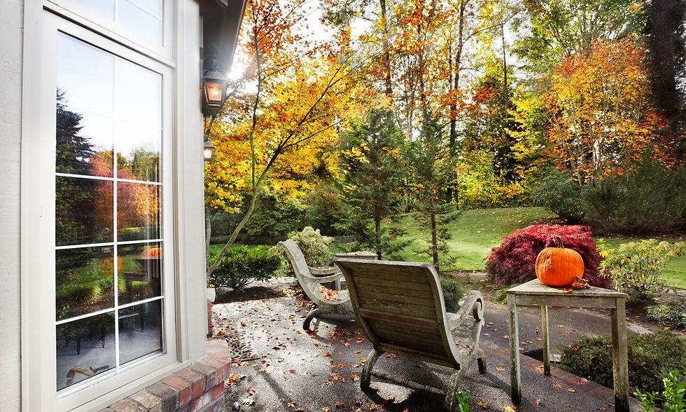 Two chairs and a small table on a backyard patio covered in fallen leaves. A pumpkin sits on the table.