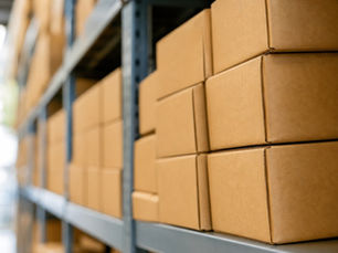 A row of brown cardboard boxes stacked on gray metal shelves inside a warehouse aisle with blurred shelving behind.