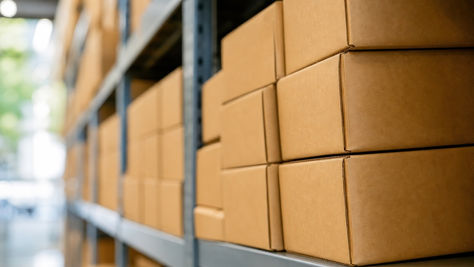 A row of brown cardboard boxes stacked on gray metal shelves inside a warehouse aisle with blurred shelving behind.