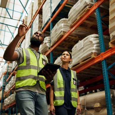 A man and a woman in yellow reflective vests walk down an aisle in a warehouse together. The man holds a tablet.