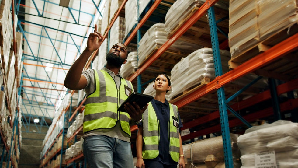 A man and a woman in yellow reflective vests walk down an aisle in a warehouse together. The man holds a tablet.