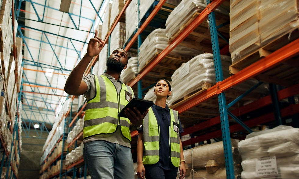 A man and a woman in yellow reflective vests walk down an aisle in a warehouse together. The man holds a tablet.