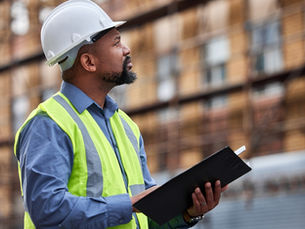 A construction supervisor wearing a hard hat and safety vest while holding a clipboard and inspecting a construction site.
