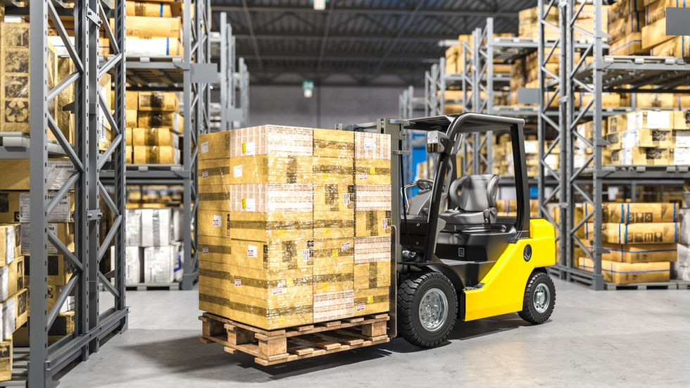 Yellow forklift carrying a shrink-wrapped pallet of stacked boxes between tall storage racks in a warehouse.