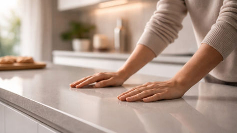 A close-up of a woman in a sweater with rolled-up sleeves placing both of her hands on a kitchen island quartz countertop.