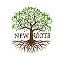Tree of life logo with green leaves and brown roots. The business name New Roots is attached to the trunk.