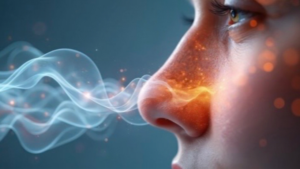 Close-up profile of a face exhaling glowing blue-orange waves against a dark background, creating a dreamy, calm mood