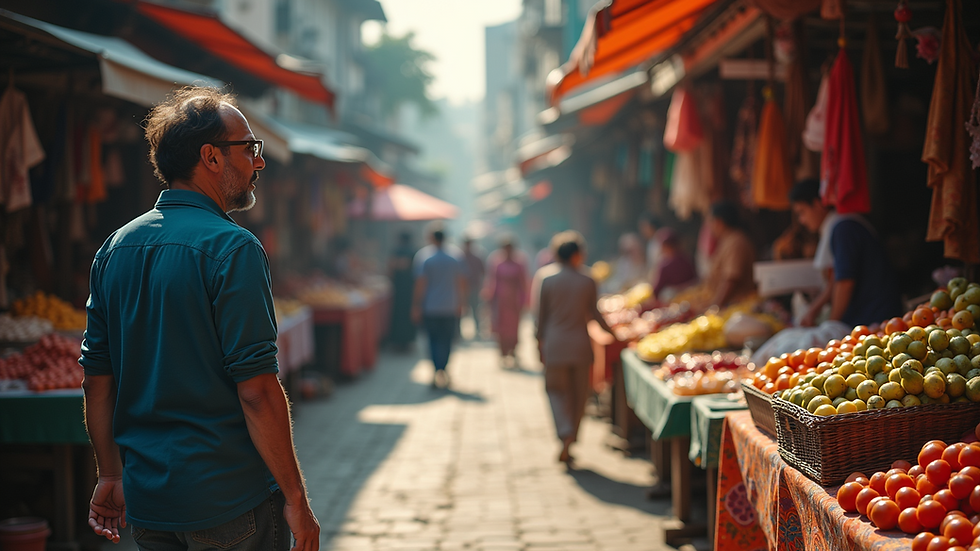 Wide angle view of a bustling market street in Shivaji Nagar