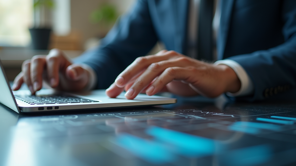 Eye-level view of a digital marketing consultant analyzing data on a laptop