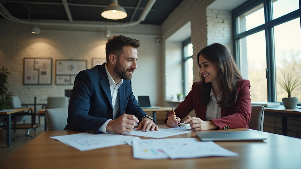 Eye-level view of a mentor and mentee discussing digital strategy in an office