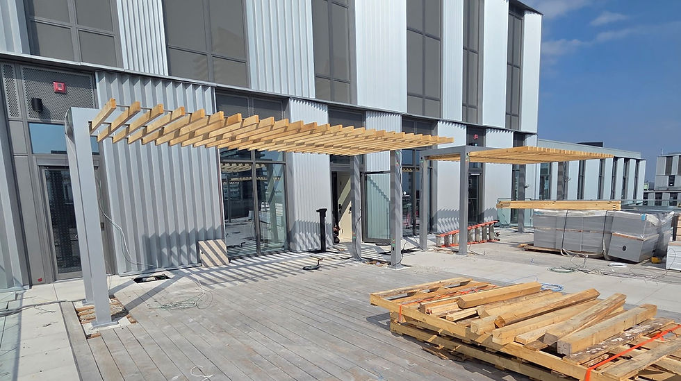 Viso Bold Pergolas with Underhanging Yellow Cedar Purlins & Eye Bolts for Catenary Lights