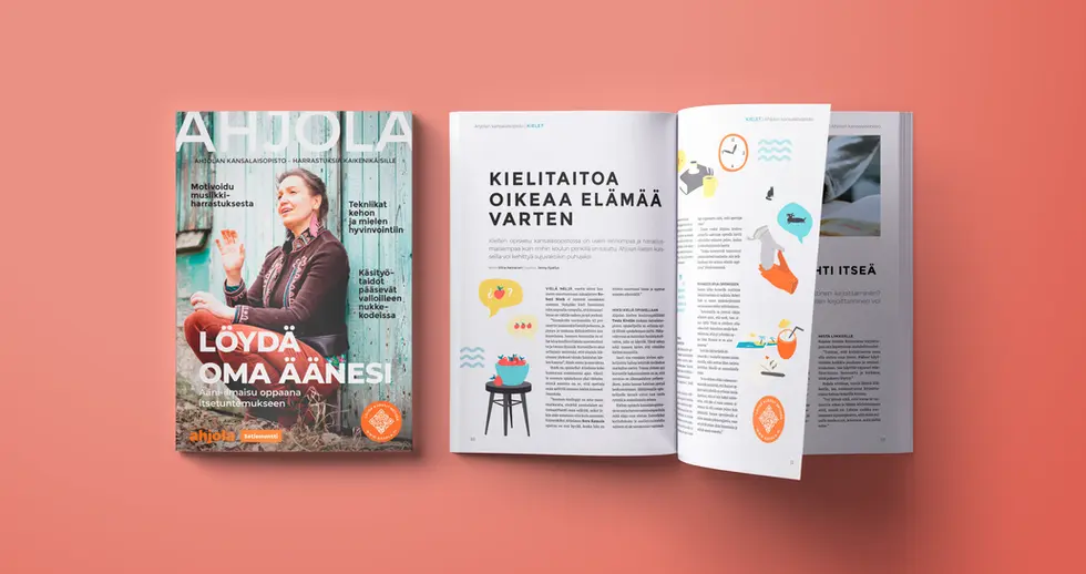 Aikakauslehtityyppisen asiakaslehden aukeama, jossa tekstin lisäksi kuvituskuvia.