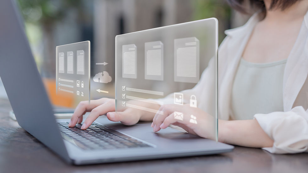 Person typing on a laptop with holographic icons of documents, checklists, and cloud. Bright, modern setting. Mood: focused and tech-savvy.