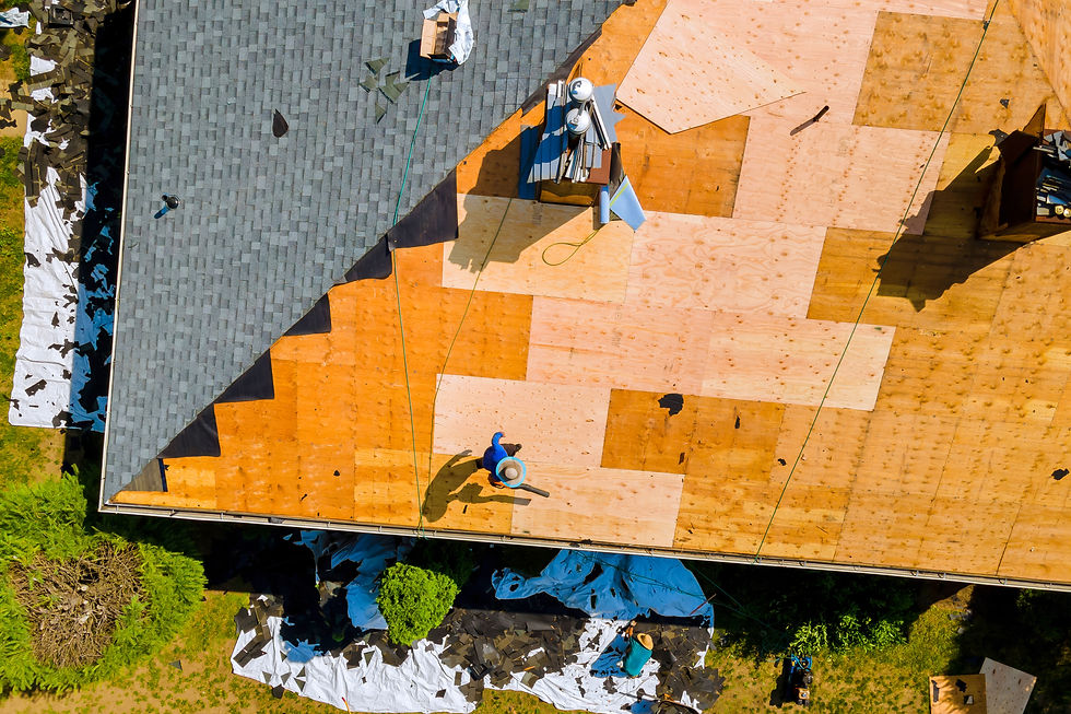 Aerial view of workers patching a roof with plywood and gray shingles, ropes and tools visible on a sunny day.