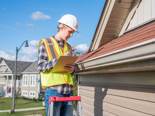 Construction worker in hard hat and safety vest inspects a roof while taking notes. A sunny suburban neighborhood in the background.