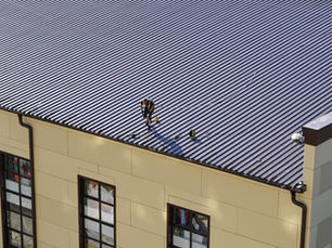Worker on a large corrugated metal roof of a beige building, using safety gear and tools under bright daylight.