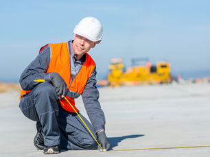 Worker in orange vest and hard hat kneels on a construction site, measuring a line with a tape against a blue sky.