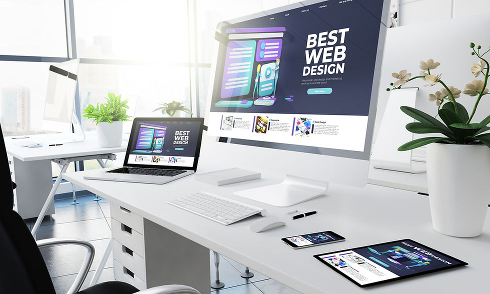 Modern office with large monitor displaying "Best Web Design." Laptop, tablet, and phone show same screen. Bright, with plants and sunlight.
