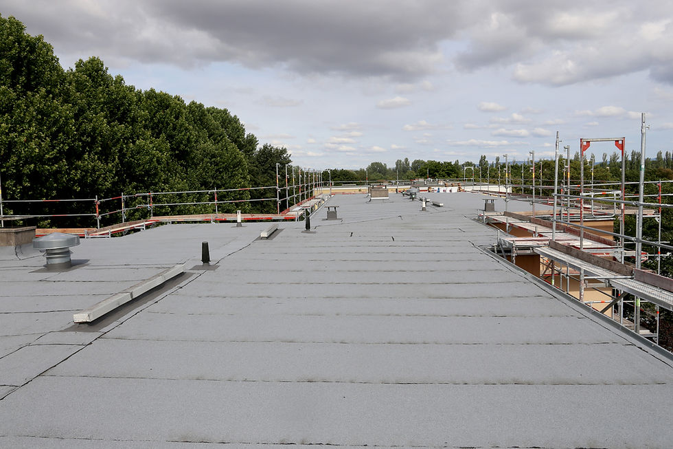 Flat rooftop under construction with scaffolding, vents, and trees under a cloudy sky
