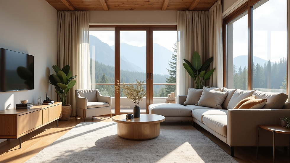 Eye-level view of a clean and organized mountain home living room