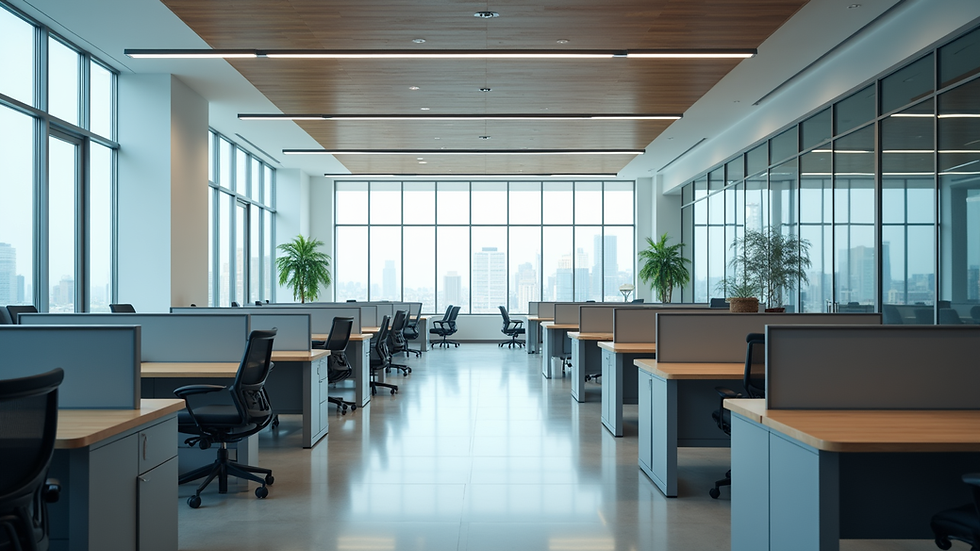 High angle view of a commercial office space with clean desks and floors