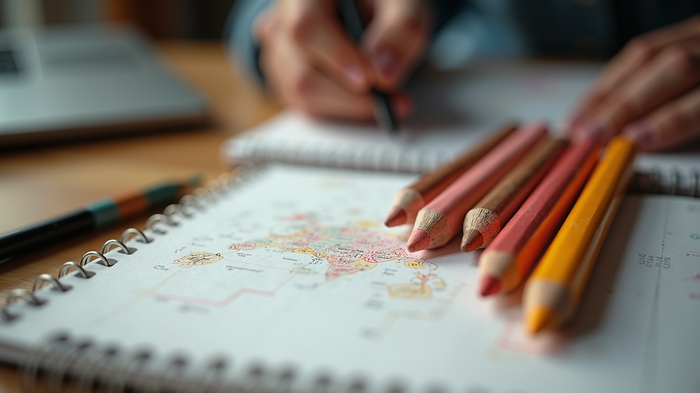 Vue rapprochée d’un cahier d’écolier avec des crayons de couleur
