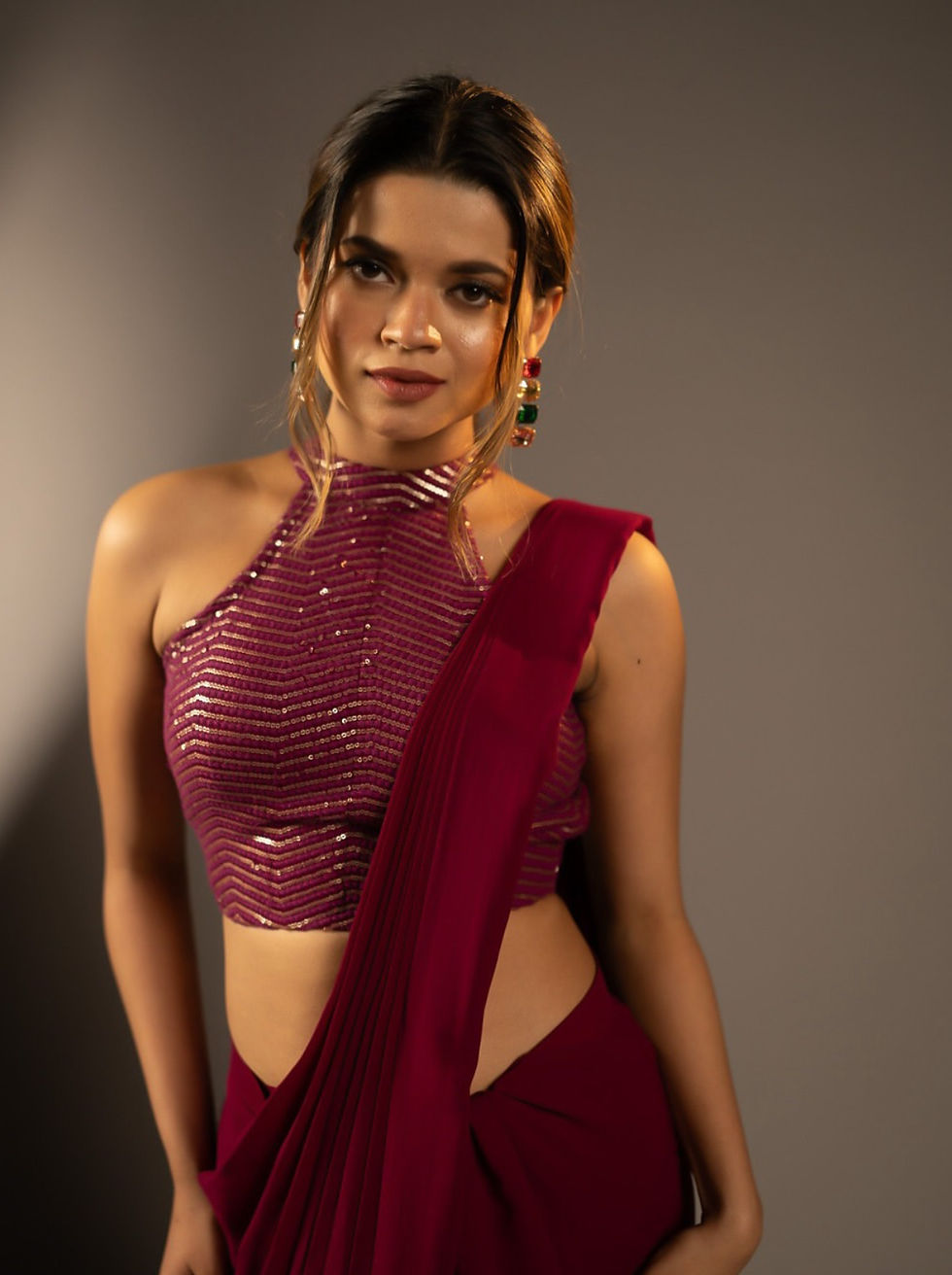 Thumbnail: NOOR- BURGUNDY READY TO WEAR SAREE AND HALTER-NECK BLOUSE