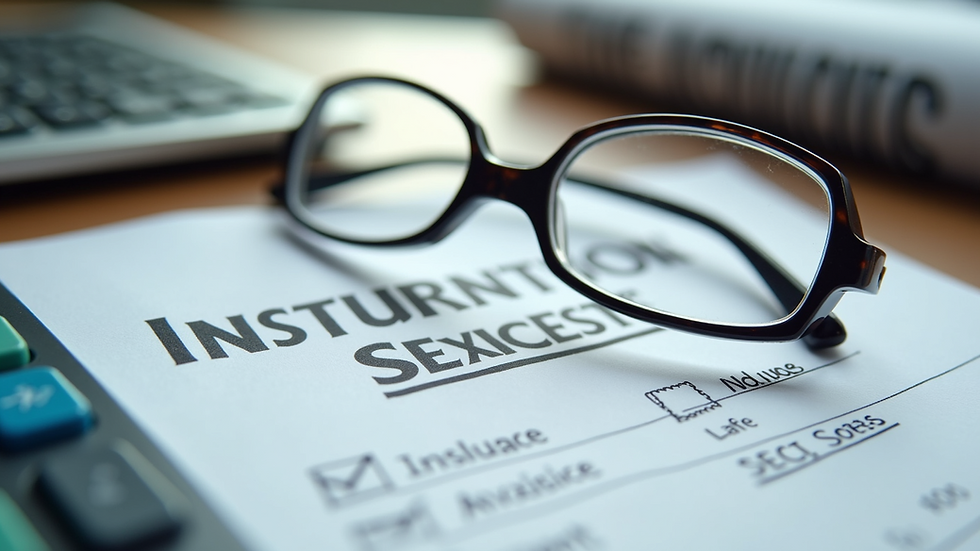 High angle view of insurance forms and eyeglasses on a desk