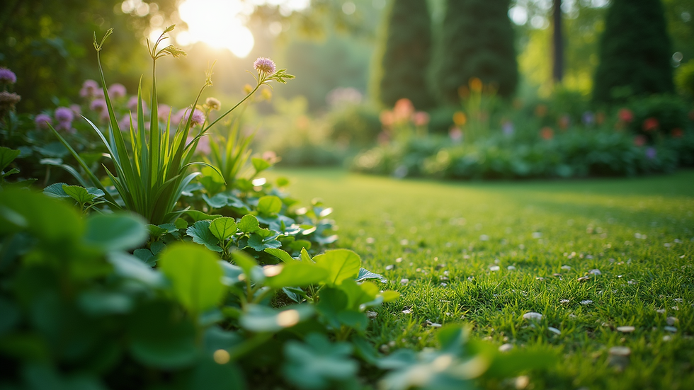Eye-level view of a lush green garden with diverse plants