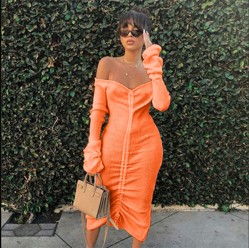 Thumbnail: Women's Off Shoulder Long Sleeve Medium Length Solid Color Drawstring Dress