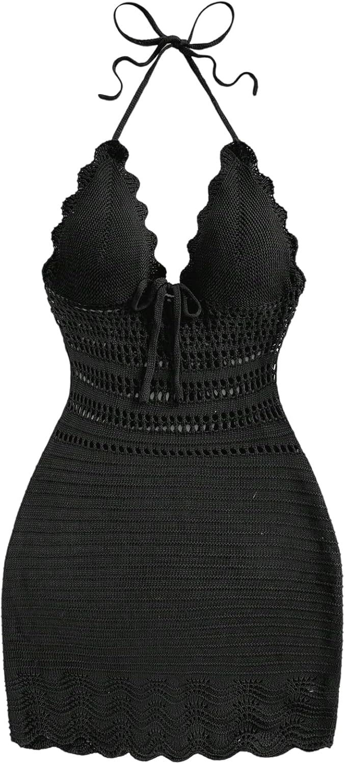 Thumbnail: GORGLITTER Women's Crochet Halter Mini Dress Summer Vacation Outfits Bow Tie Ba
