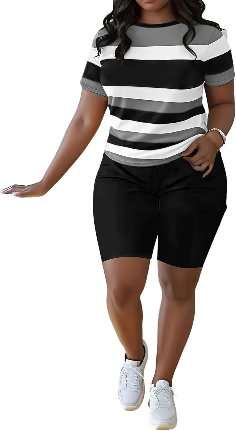 Thumbnail: HBQ Women 2 Piece Outfits Summer Sweatsuits Slim Fit Track Suits Biker Short Wo
