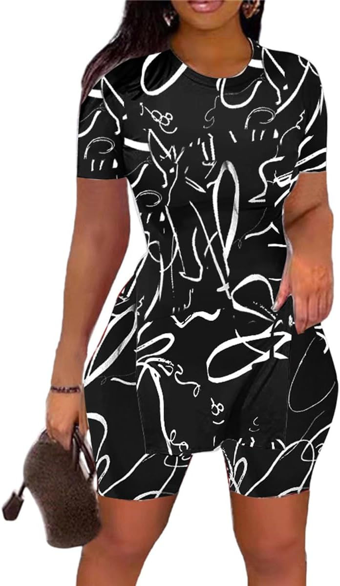Thumbnail: Summer 2 Piece Outfits for Women Short Sleeve Tunic Top and Shorts Tracksuit Se