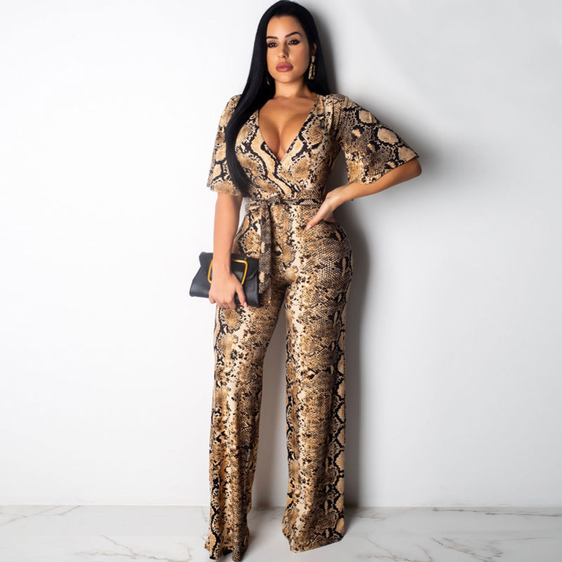 Thumbnail: Jumpsuit Sexy Deep v Snake Print Jumpsuit Trousers One-Piece Ladies Bodysuit