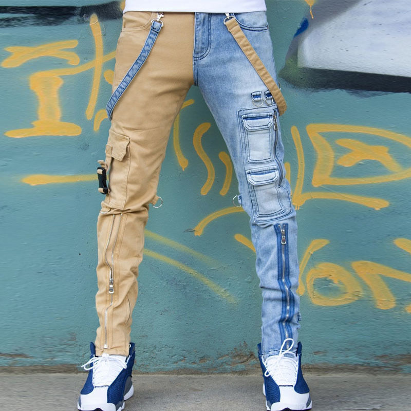 Thumbnail: Slim High Elastic Zipper Patchwork Color Skinny Jeans Pants