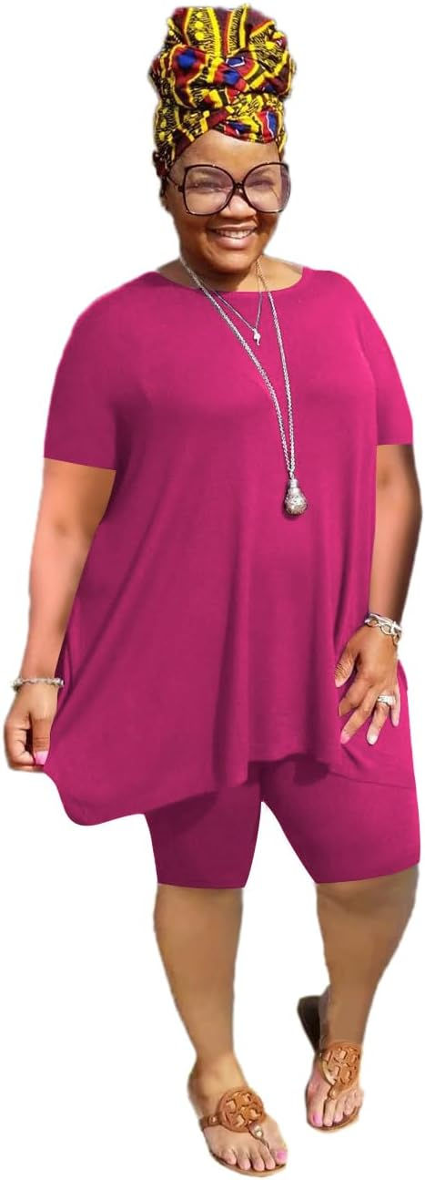 Thumbnail: YeGine Women Plus Size 2 Piece Outfits Casual Short Sleeve Tunic Tops Shorts Se