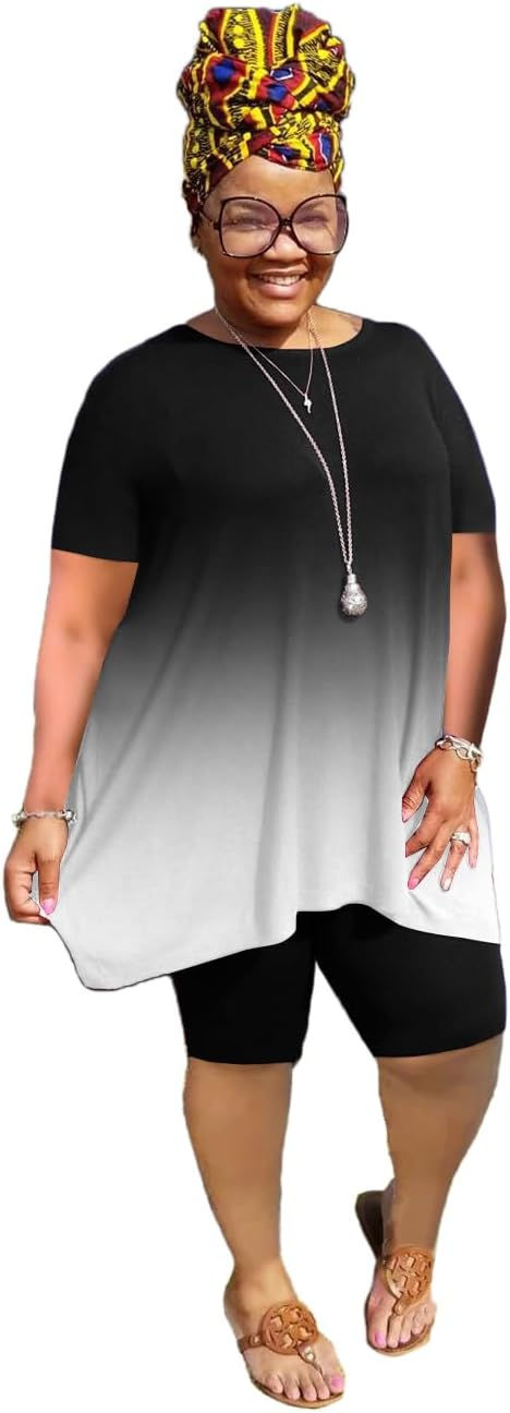 Thumbnail: YeGine Women Plus Size 2 Piece Outfits Casual Short Sleeve Tunic Tops Shorts Se
