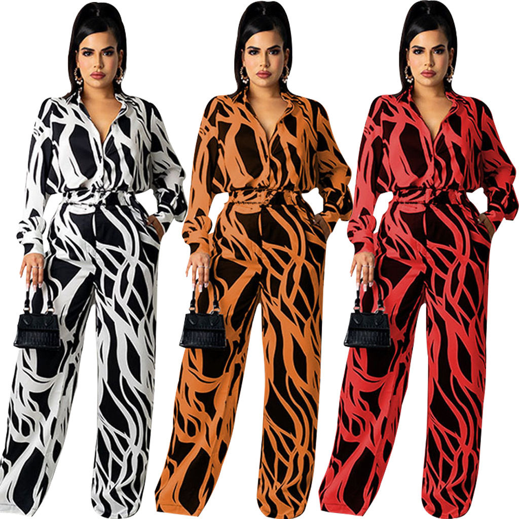 Elegant Style v Neck With Belt Loose Print Jumpsuit for Women