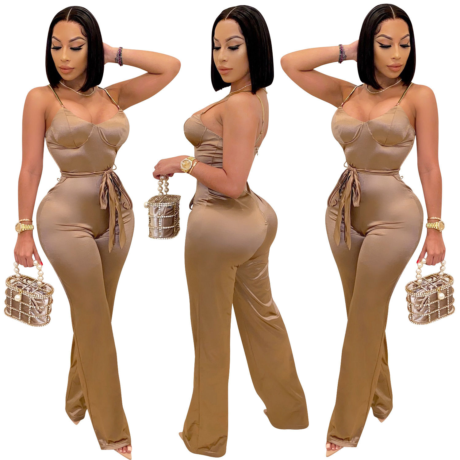 21009-Mx69 Halter Onesie Straight Pants Women Sexy Jumpsuit With Belt