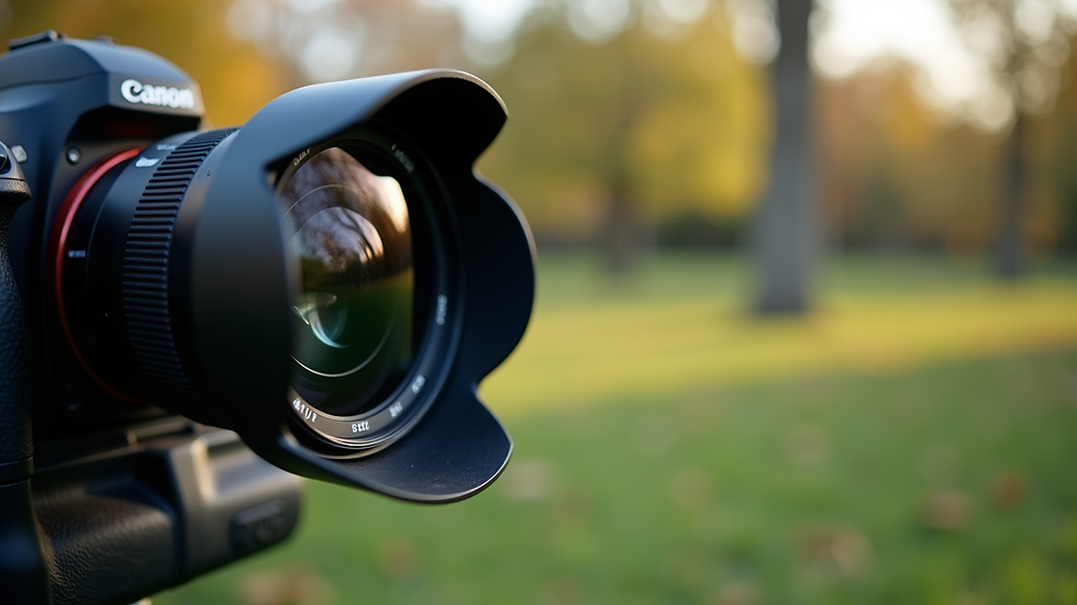 close-up view of a camera lens with blurred background of a park