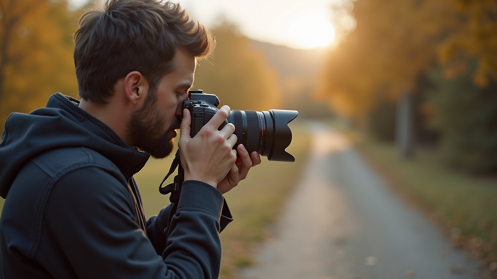 Close-up view of a photographer adjusting camera settings outdoors